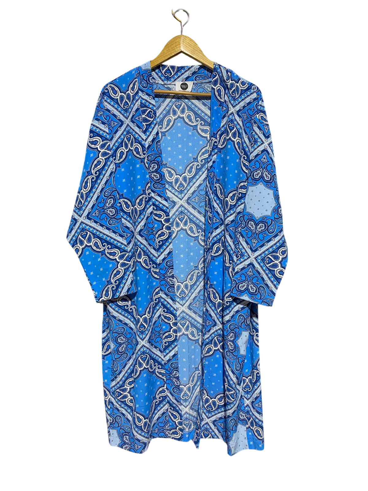TRISH G |XL| BUST 24| B42| BLUE BANDANA PAISLEY PRINT OPEN FRONT KIMONO CARDIGAN LONG ROBE DUSTER