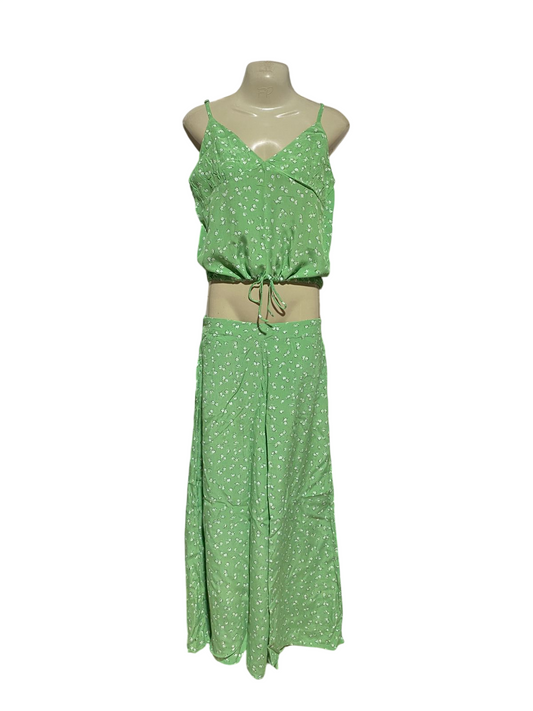 BILLA BONG |S| B42| GREEN FLORAL PRINT TWO PIECE SET CAMI CROP TOP WIDE LEG PANTS SUMMER MATCHING CO-ORD