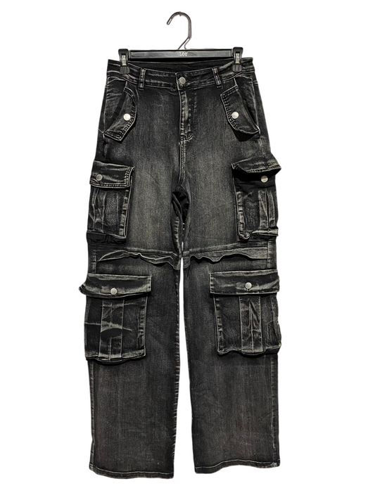 DAISY |M| WAIST 28| B42| BLACK WASHED DENIM MULTI POCKET CARGO PANTS HIGH WAISTED WIDE LEG UTILITY JEANS