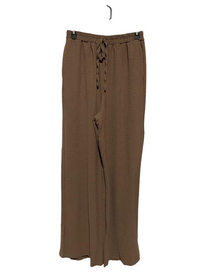 |S| WAIST 26| B42| BROWN CRINKLE WIDE LEG PANTS HIGH WAISTED ELASTIC DRAWSTRING LOUNGE TROUSERS