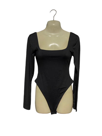 SUPRE |S| BUST 15| B43| BLACK SQUARE NECK LONG SLEEVE BODYSUIT HIGH CUT LEOTARD THONG STYLE TOP