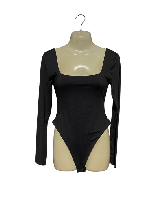 SUPRE |S| BUST 15| B43| BLACK SQUARE NECK LONG SLEEVE BODYSUIT HIGH CUT LEOTARD THONG STYLE TOP