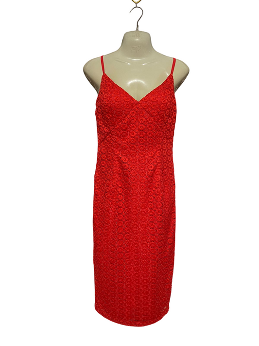 GEORGE |S| BUST 17| B43| RED EYELET LACE SPAGHETTI STRAP COCKTAIL DRESS V-NECK SHEATH MIDI SLIP DRESS