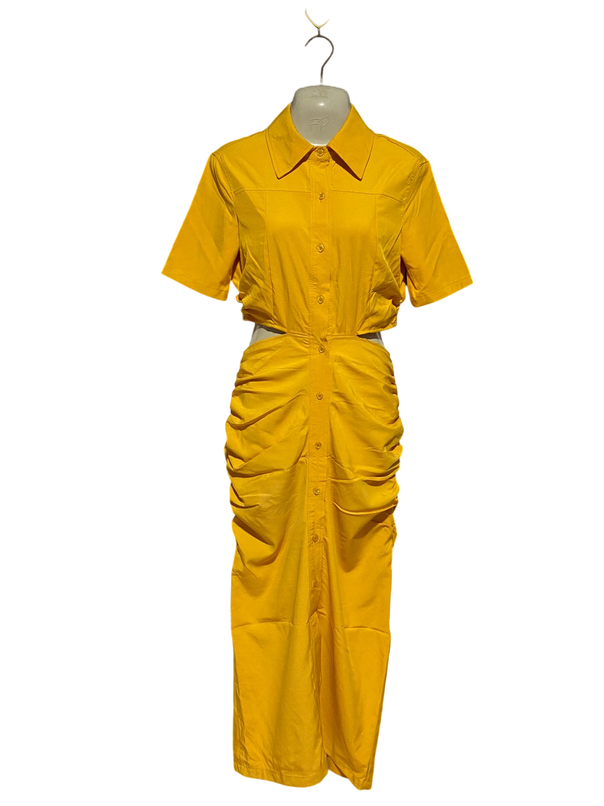 SHEIN |M| BUST 18| B43| MUSTARD YELLOW BUTTON FRONT SHIRTDRESS WAIST CUTOUT RUCHED MAXI DRESS