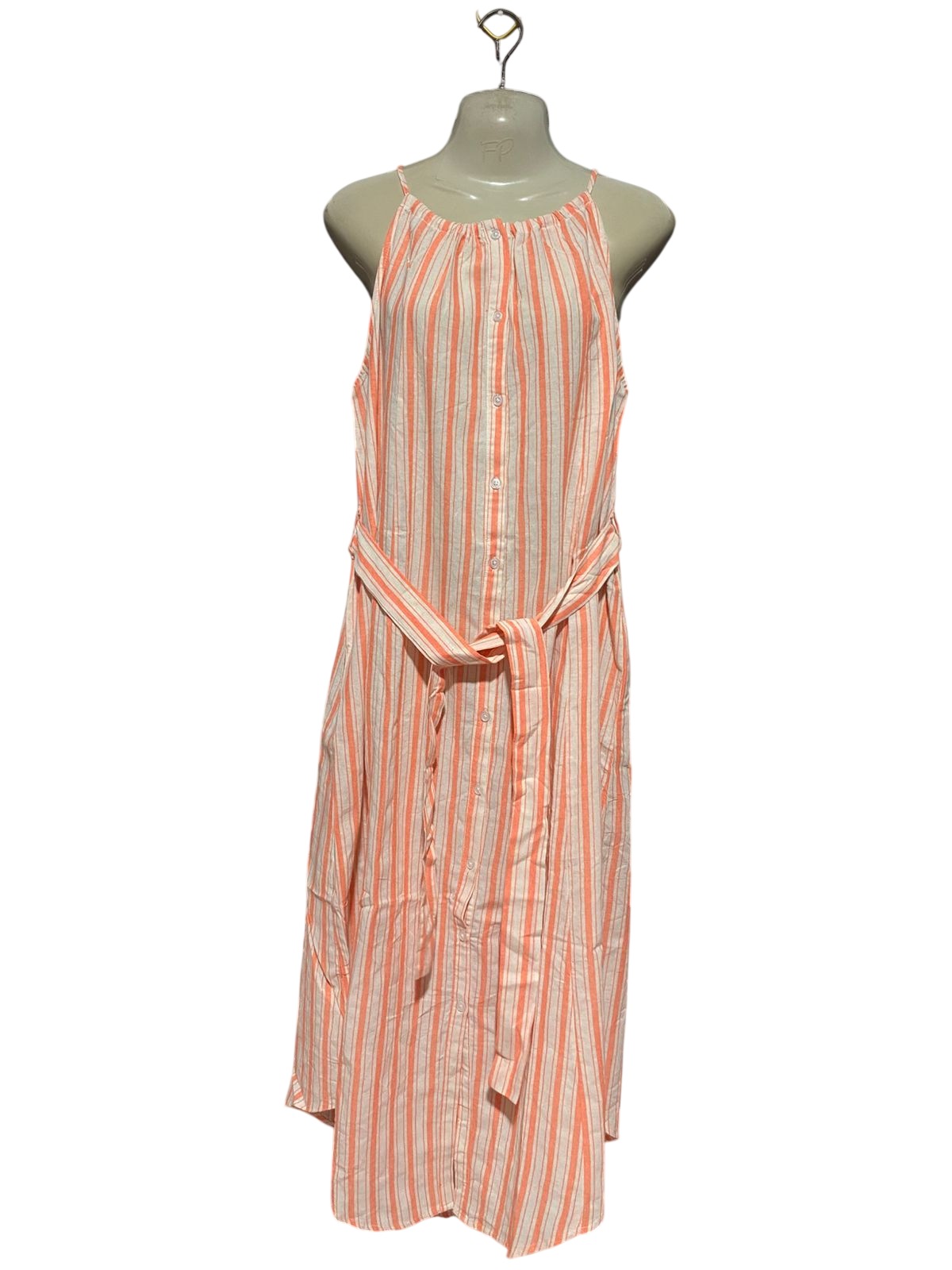 PETAL PUP |L| BUST 20| B43| ORANGE AND WHITE VERTICAL STRIPE BUTTON FRONT MIDI DRESS HALTER NECK WITH TIE BELT