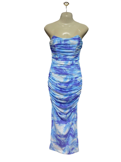 SAINTS & SECRETS |S| BUST 14| B43| BLUE AND PURPLE SWIRL PRINT STRAPLESS RUCHED MAXI DRESS BODYCON GOWN