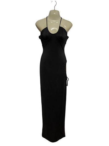 THATSSOFETECH |S| BUST 16| B43| BLACK HALTER BODYCON MAXI DRESS UNDERWIRE BUST SIDE RUFFLE DRAWSTRING GOWN