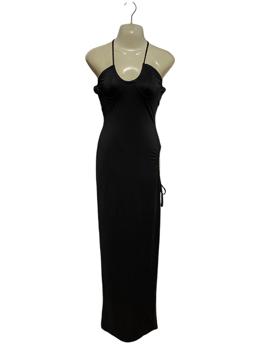 THATSSOFETECH |S| BUST 16| B43| BLACK HALTER BODYCON MAXI DRESS UNDERWIRE BUST SIDE RUFFLE DRAWSTRING GOWN