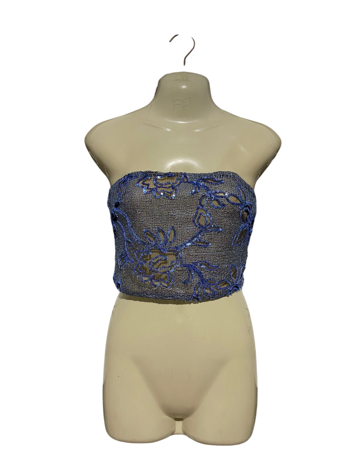 MESHKI |S| BUST 16| B43| BLUE SEQUIN FLORAL EMBROIDERED METALLIC MESH TUBE TOP STRAPLESS CORSET STYLE CROP BLOUSE