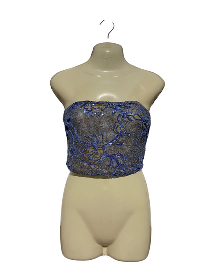 MESHKI |S| BUST 16| B43| BLUE SEQUIN FLORAL EMBROIDERED METALLIC MESH TUBE TOP STRAPLESS CORSET STYLE CROP BLOUSE