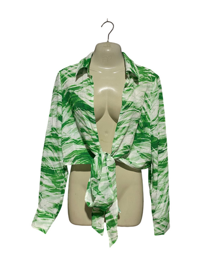 KOOKAI |L| BUST 20| B43| GREEN ABSTRACT SWIRL PRINT LONG SLEEVE FRONT TIE CROP BLOUSE RESORT WEAR