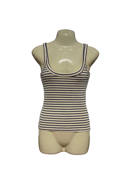 COTTON ON |L| BUST 19| B43| NAVY AND CREAM STRIPED RIBBED SCOOP NECK SLEEVELESS TANK TOP CASUAL BASICS TEE
