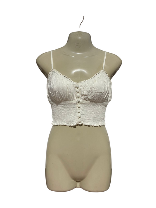 MORNING MIST |S| BUST 15| B43| WHITE BOHO SMOCKED CORSET CROP TOP RUFFLE BUTTON FRONT CAMI BRALETTE