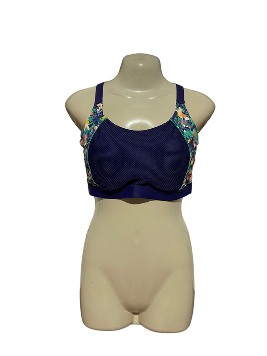 TU |XS| BUST 13| B43| NAVY BLUE MESH PANEL MULTICOLOR GEOMETRIC ACCENT SPORTS BRA ACTIVEWEAR TOP