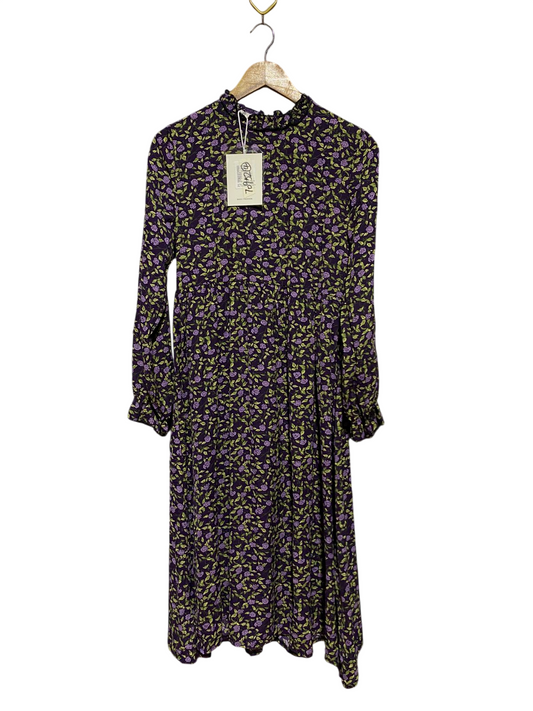 KUASHIDA |S| BUST 16| B43| PURPLE DITSY FLORAL RUFFLE MOCK NECK LONG SLEEVE MIDI DRESS