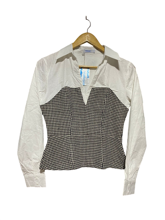 VALLEY GIRL |S| BUST 17| B43| HOUNDSTOOTH CORSET BLOCKING LONG SLEEVE BLOUSE SHIRT