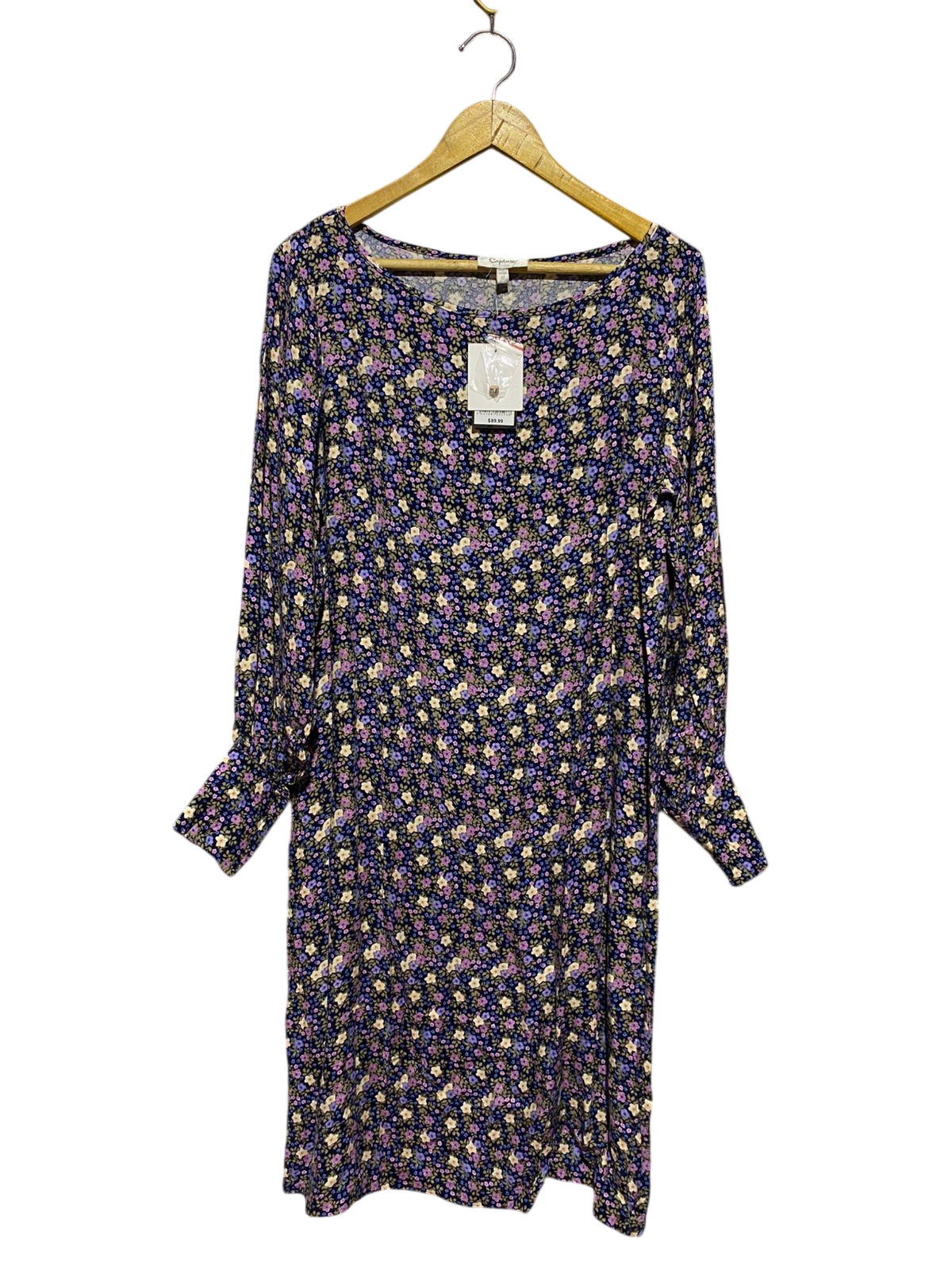 CAPTURE |L| BUST 20| B43| DITSY FLORAL PRINT LONG SLEEVE SHIFT SHIRT DRESS BLACK PURPLE YELLOW