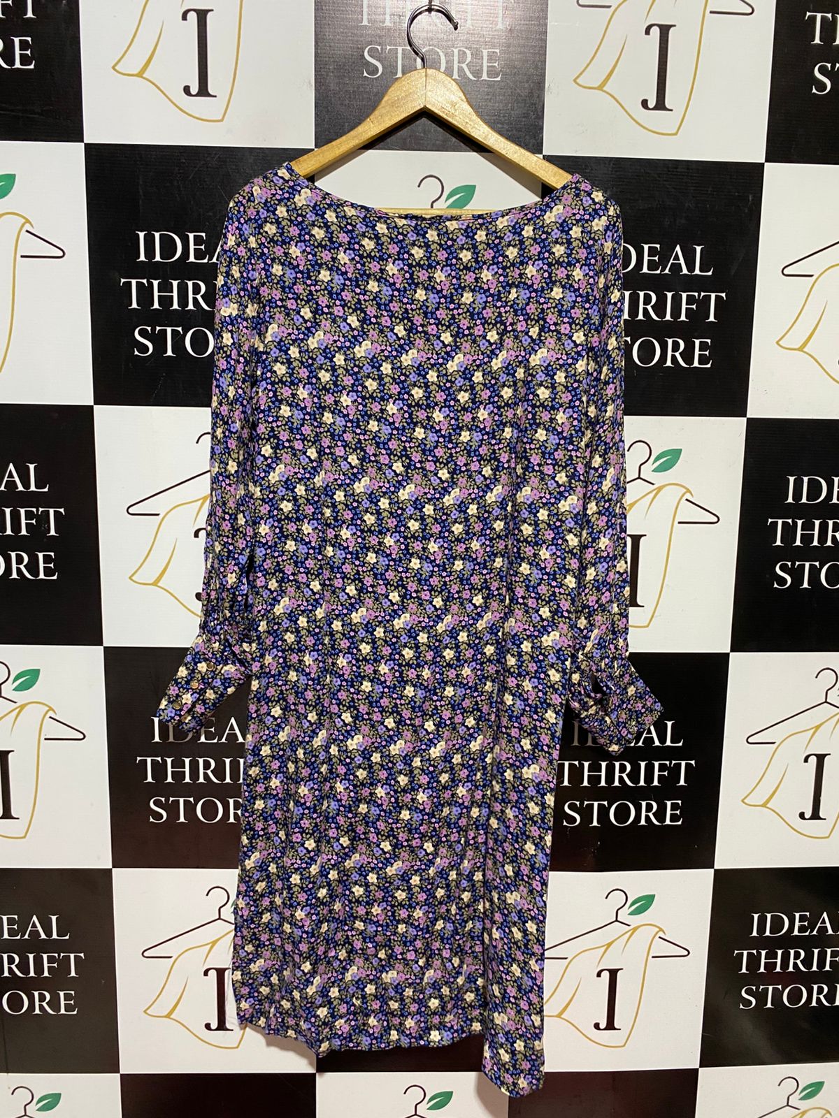 CAPTURE |L| BUST 20| B43| DITSY FLORAL PRINT LONG SLEEVE SHIFT SHIRT DRESS BLACK PURPLE YELLOW