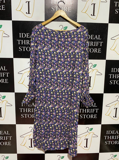 CAPTURE |L| BUST 20| B43| DITSY FLORAL PRINT LONG SLEEVE SHIFT SHIRT DRESS BLACK PURPLE YELLOW