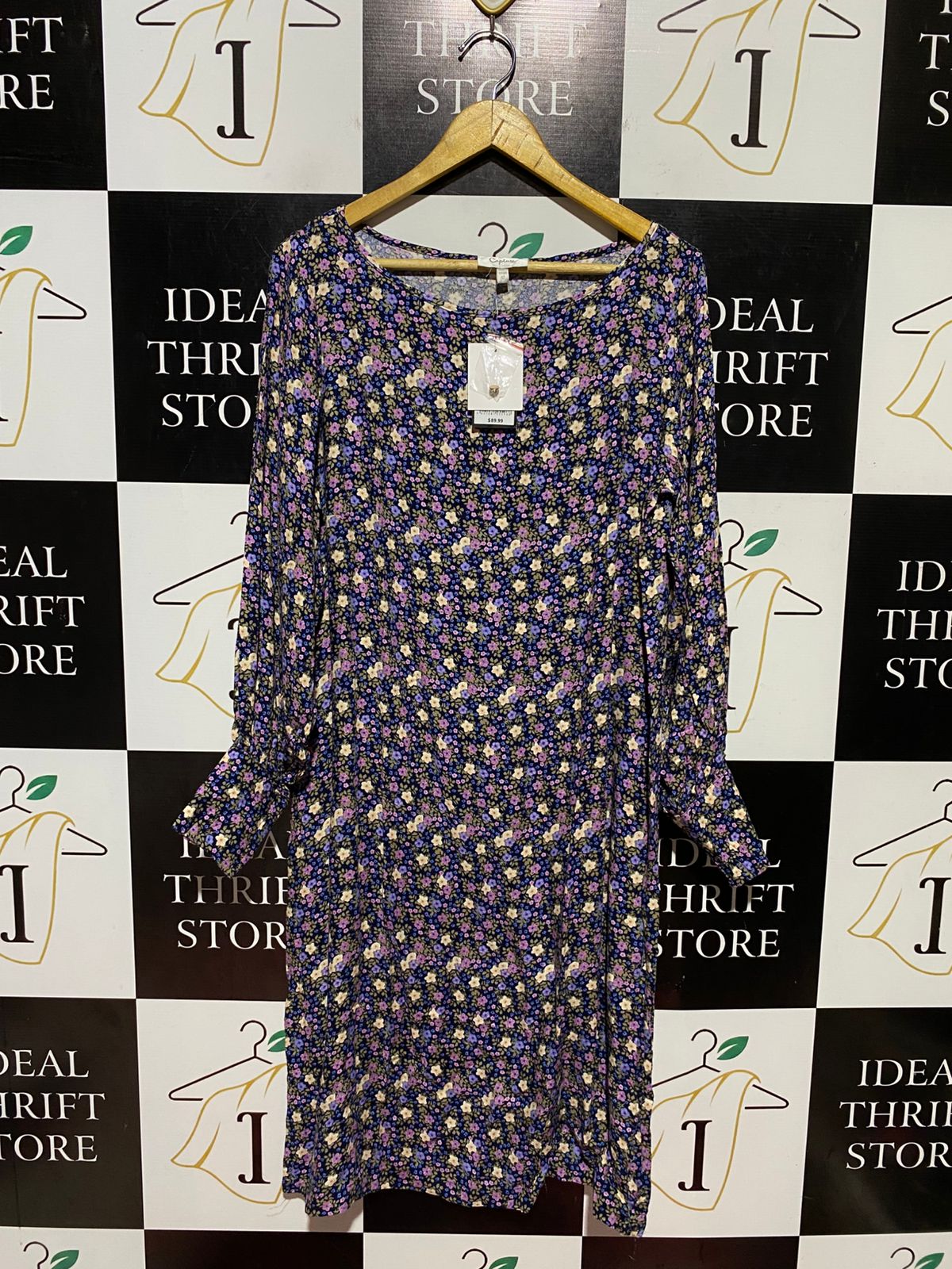 CAPTURE |L| BUST 20| B43| DITSY FLORAL PRINT LONG SLEEVE SHIFT SHIRT DRESS BLACK PURPLE YELLOW