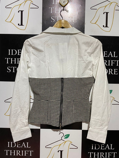 VALLEY GIRL |S| BUST 17| B43| HOUNDSTOOTH CORSET BLOCKING LONG SLEEVE BLOUSE SHIRT