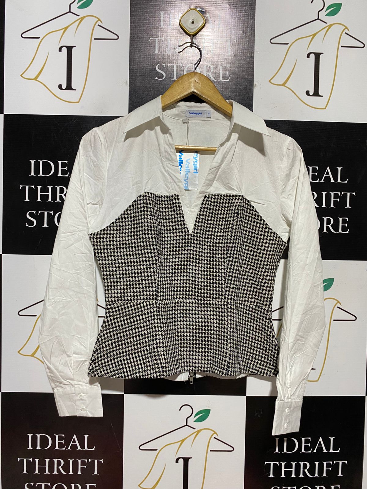 VALLEY GIRL |S| BUST 17| B43| HOUNDSTOOTH CORSET BLOCKING LONG SLEEVE BLOUSE SHIRT