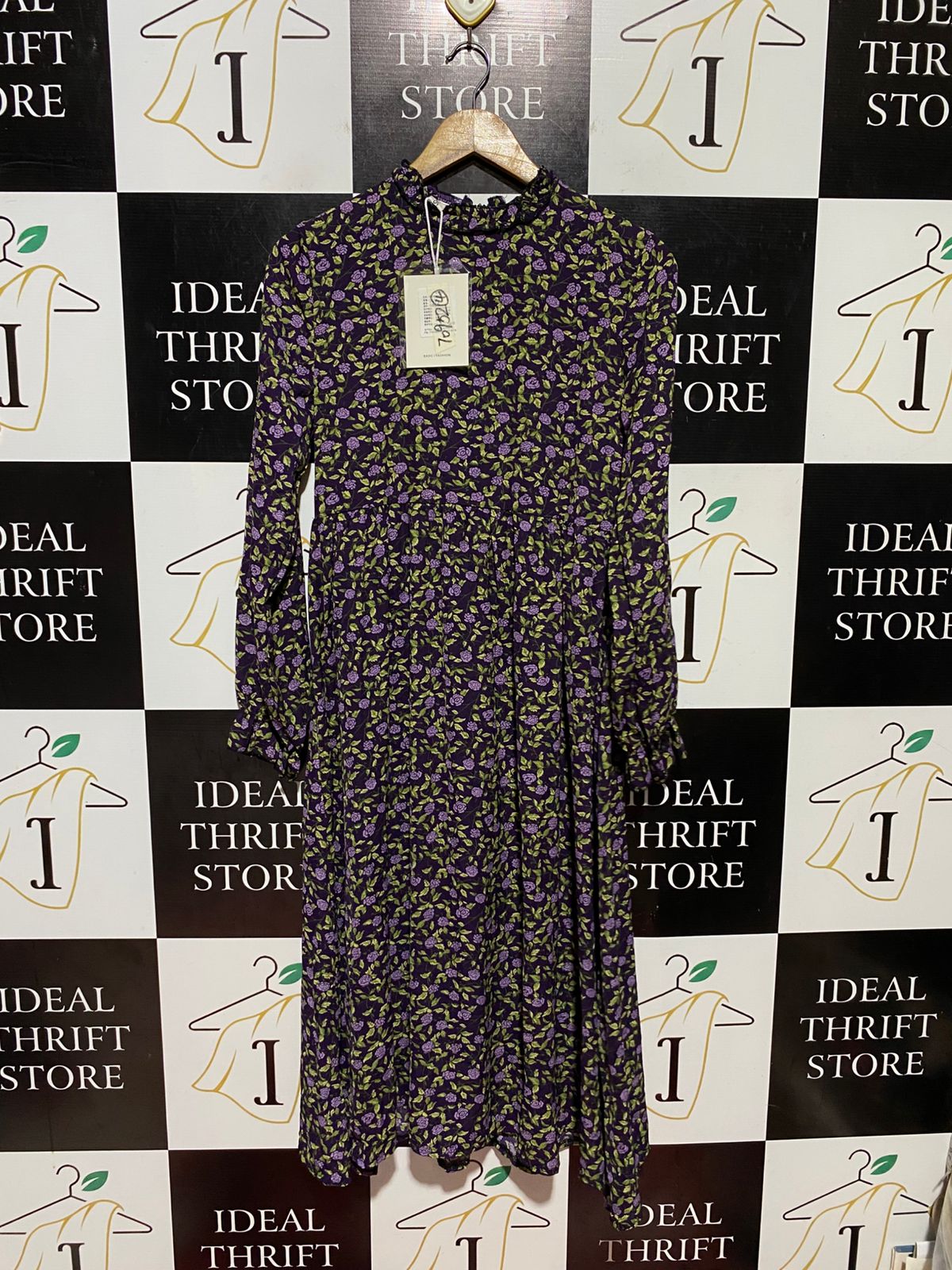 KUASHIDA |S| BUST 16| B43| PURPLE DITSY FLORAL RUFFLE MOCK NECK LONG SLEEVE MIDI DRESS