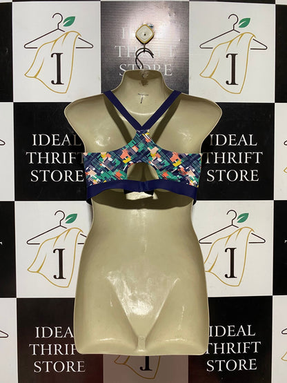 TU |XS| BUST 13| B43| NAVY BLUE MESH PANEL MULTICOLOR GEOMETRIC ACCENT SPORTS BRA ACTIVEWEAR TOP