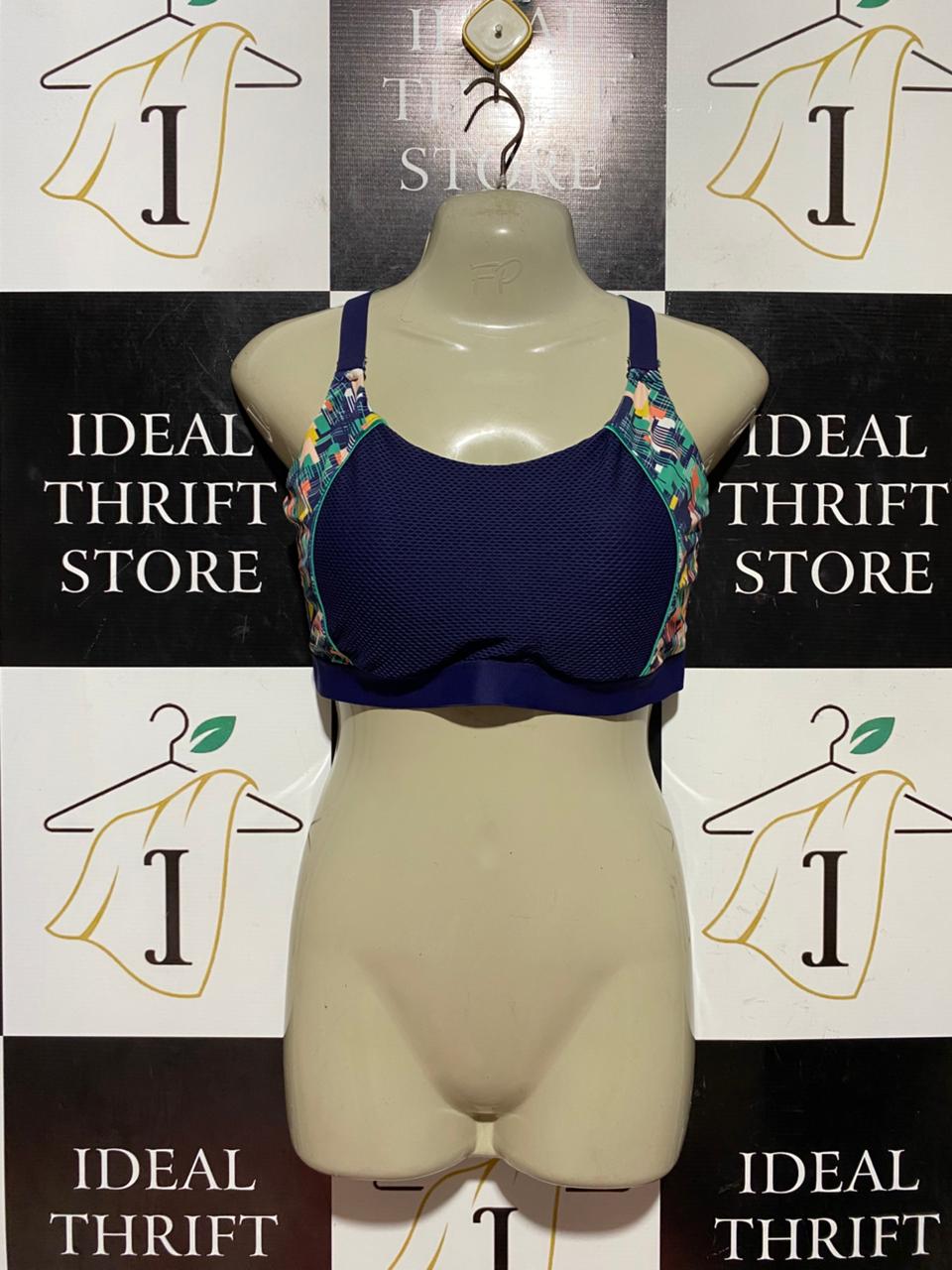 TU |XS| BUST 13| B43| NAVY BLUE MESH PANEL MULTICOLOR GEOMETRIC ACCENT SPORTS BRA ACTIVEWEAR TOP