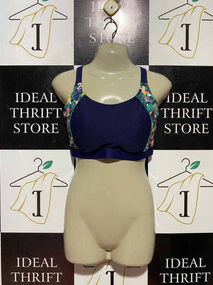 TU |XS| BUST 13| B43| NAVY BLUE MESH PANEL MULTICOLOR GEOMETRIC ACCENT SPORTS BRA ACTIVEWEAR TOP