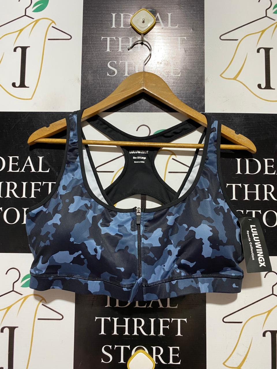 LULUWINGX |L| BUAT 19| B43| BLUE CAMO ZIP FRONT RACERBACK SPORTS BRA