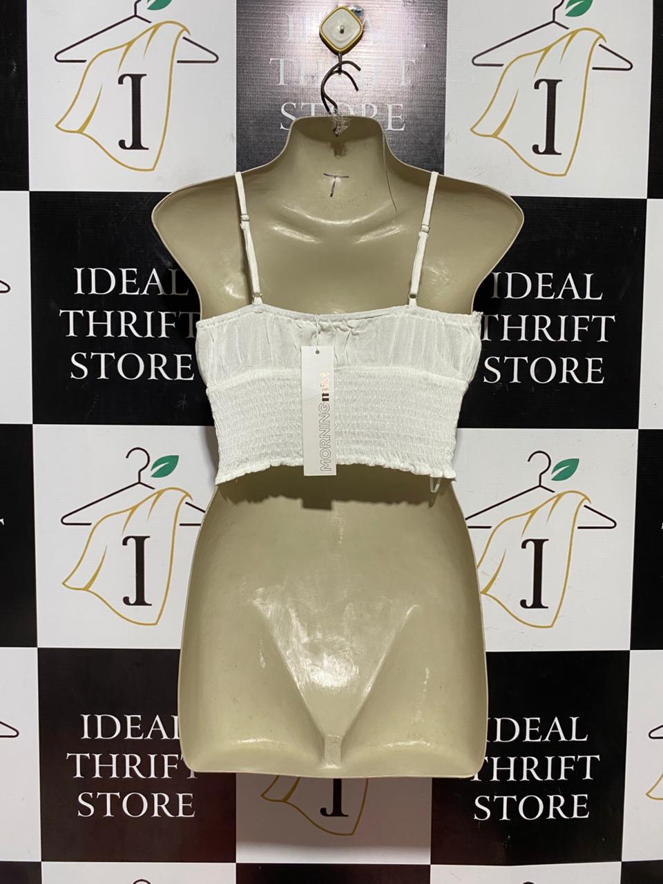 MORNING MIST |S| BUST 15| B43| WHITE BOHO SMOCKED CORSET CROP TOP RUFFLE BUTTON FRONT CAMI BRALETTE