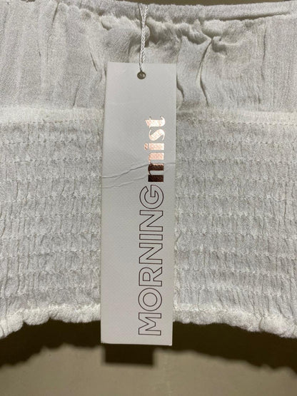 MORNING MIST |S| BUST 15| B43| WHITE BOHO SMOCKED CORSET CROP TOP RUFFLE BUTTON FRONT CAMI BRALETTE