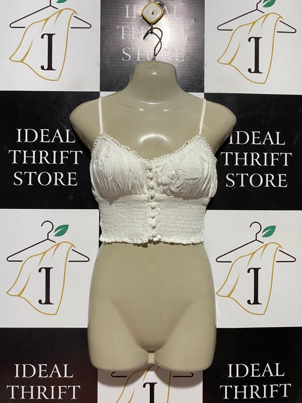 MORNING MIST |S| BUST 15| B43| WHITE BOHO SMOCKED CORSET CROP TOP RUFFLE BUTTON FRONT CAMI BRALETTE
