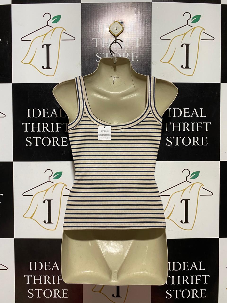 COTTON ON |L| BUST 19| B43| NAVY AND CREAM STRIPED RIBBED SCOOP NECK SLEEVELESS TANK TOP CASUAL BASICS TEE