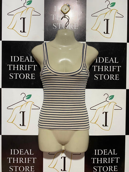 COTTON ON |L| BUST 19| B43| NAVY AND CREAM STRIPED RIBBED SCOOP NECK SLEEVELESS TANK TOP CASUAL BASICS TEE