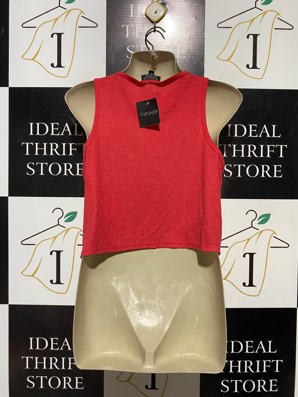 TOP SHOP |M| BUST 19| B43| CORAL PINK RED RIBBED SCOOP NECK CROPPED TANK TOP SLEEVELESS ATHLETIC CASUAL TEE