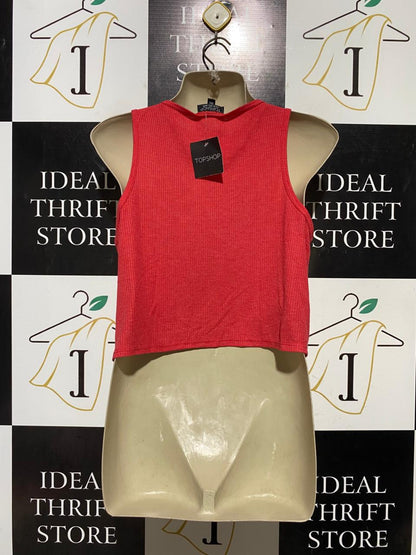 TOP SHOP |M| BUST 19| B43| CORAL PINK RED RIBBED SCOOP NECK CROPPED TANK TOP SLEEVELESS ATHLETIC CASUAL TEE