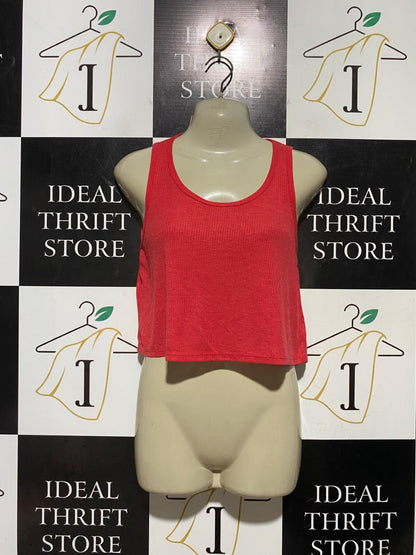 TOP SHOP |M| BUST 19| B43| CORAL PINK RED RIBBED SCOOP NECK CROPPED TANK TOP SLEEVELESS ATHLETIC CASUAL TEE