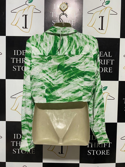 KOOKAI |L| BUST 20| B43| GREEN ABSTRACT SWIRL PRINT LONG SLEEVE FRONT TIE CROP BLOUSE RESORT WEAR
