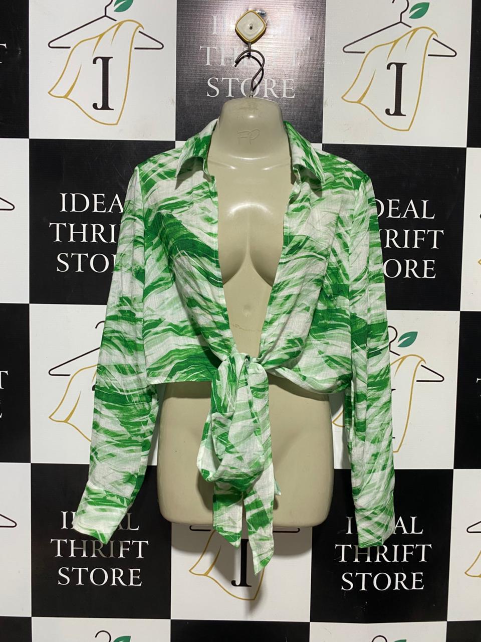 KOOKAI |L| BUST 20| B43| GREEN ABSTRACT SWIRL PRINT LONG SLEEVE FRONT TIE CROP BLOUSE RESORT WEAR