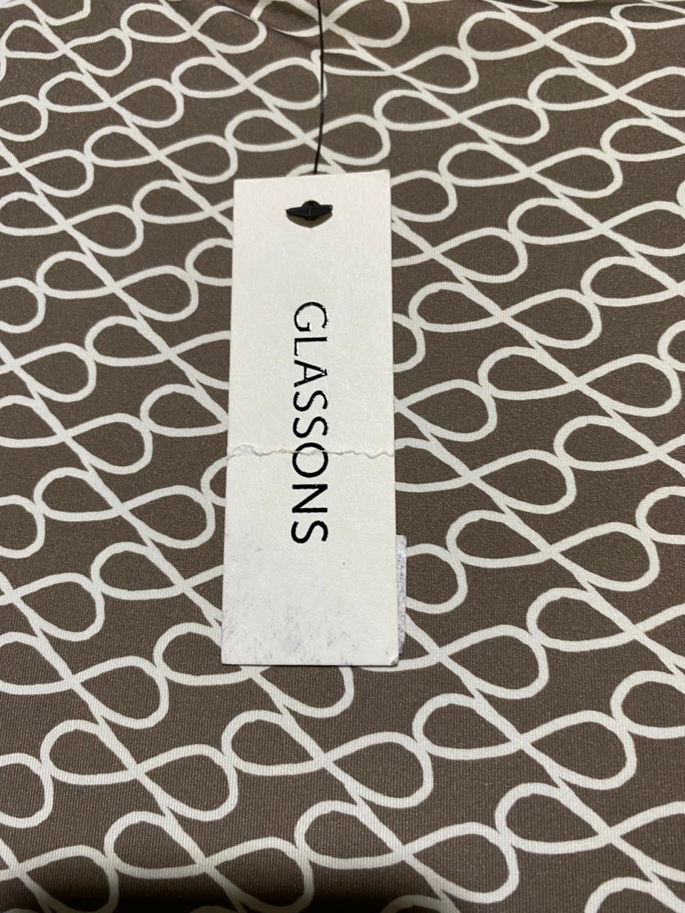 GLASSON |S| BUST 15| B43| BROWN AND WHITE GEOMETRIC PRINT LONG SLEEVE CUTOUT CROP TOP TWIST FRONT BLOUSE