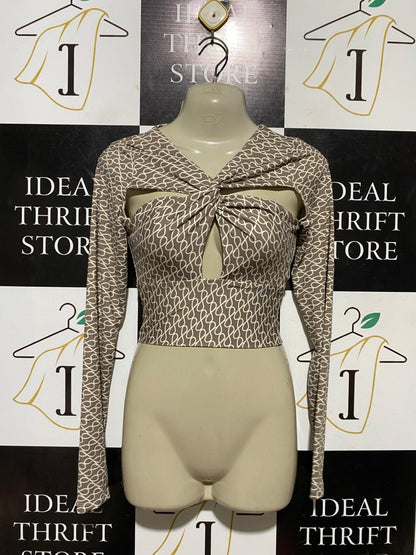 GLASSON |S| BUST 15| B43| BROWN AND WHITE GEOMETRIC PRINT LONG SLEEVE CUTOUT CROP TOP TWIST FRONT BLOUSE