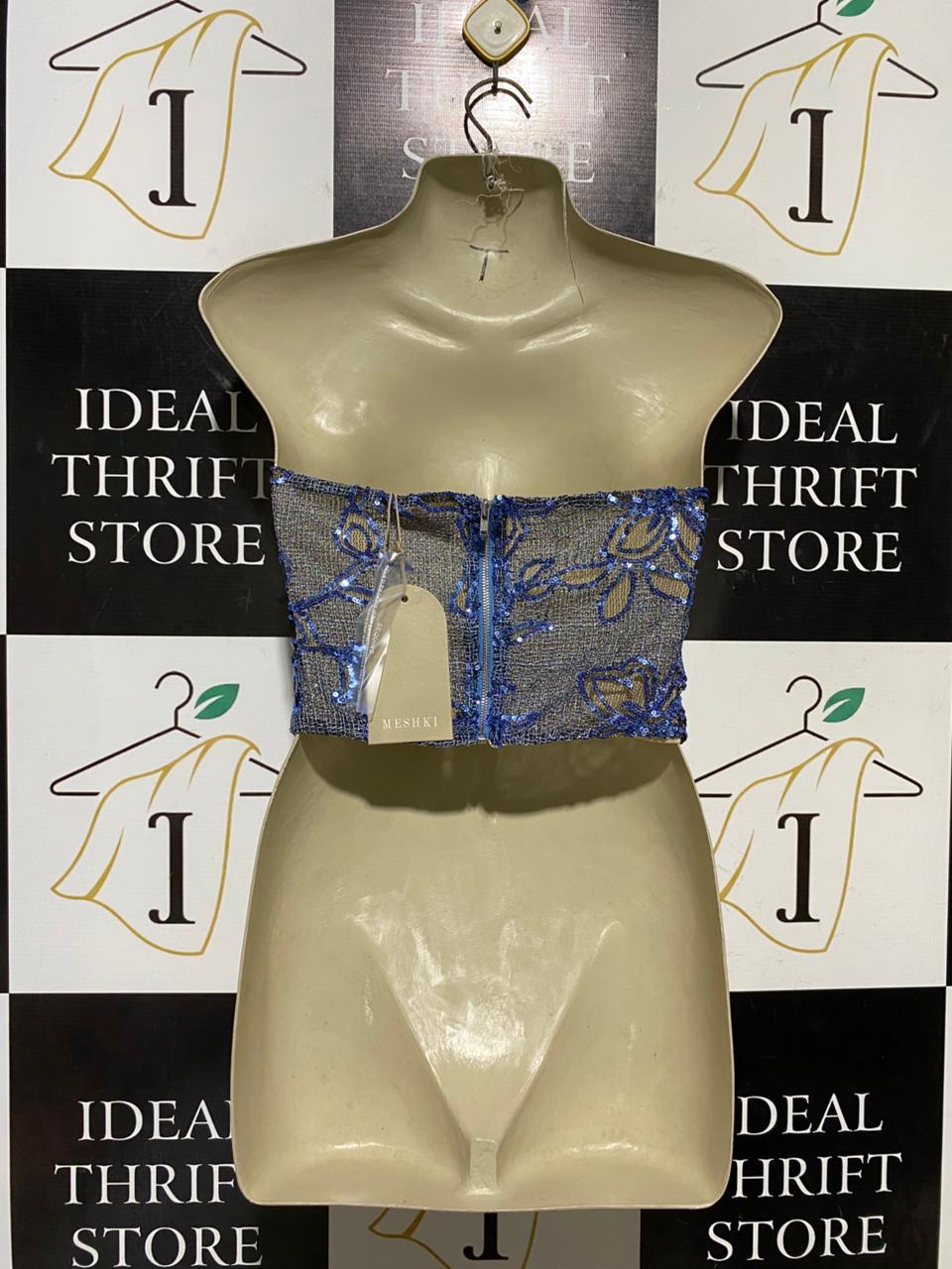 MESHKI |S| BUST 16| B43| BLUE SEQUIN FLORAL EMBROIDERED METALLIC MESH TUBE TOP STRAPLESS CORSET STYLE CROP BLOUSE