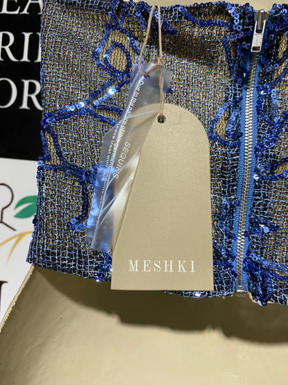 MESHKI |S| BUST 16| B43| BLUE SEQUIN FLORAL EMBROIDERED METALLIC MESH TUBE TOP STRAPLESS CORSET STYLE CROP BLOUSE