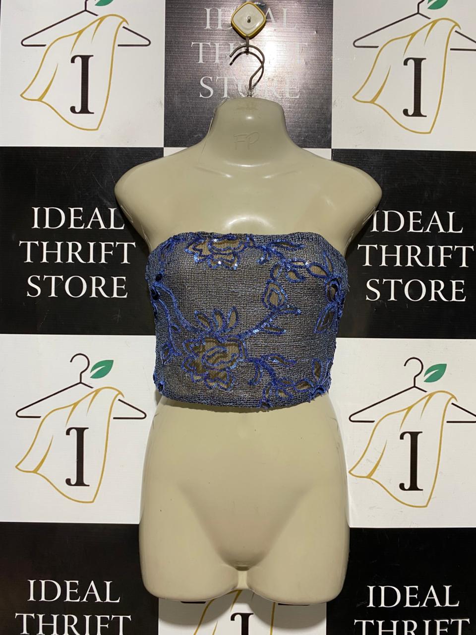 MESHKI |S| BUST 16| B43| BLUE SEQUIN FLORAL EMBROIDERED METALLIC MESH TUBE TOP STRAPLESS CORSET STYLE CROP BLOUSE