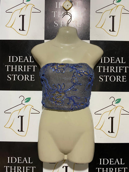 MESHKI |S| BUST 16| B43| BLUE SEQUIN FLORAL EMBROIDERED METALLIC MESH TUBE TOP STRAPLESS CORSET STYLE CROP BLOUSE