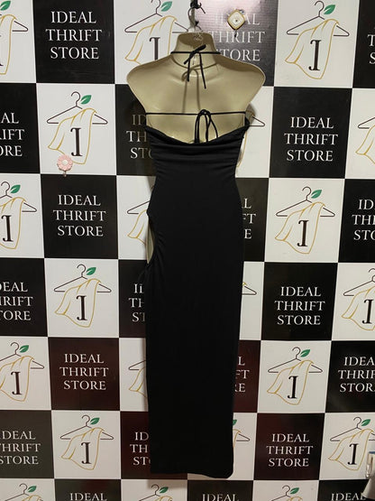 THATSSOFETECH |S| BUST 16| B43| BLACK HALTER BODYCON MAXI DRESS UNDERWIRE BUST SIDE RUFFLE DRAWSTRING GOWN