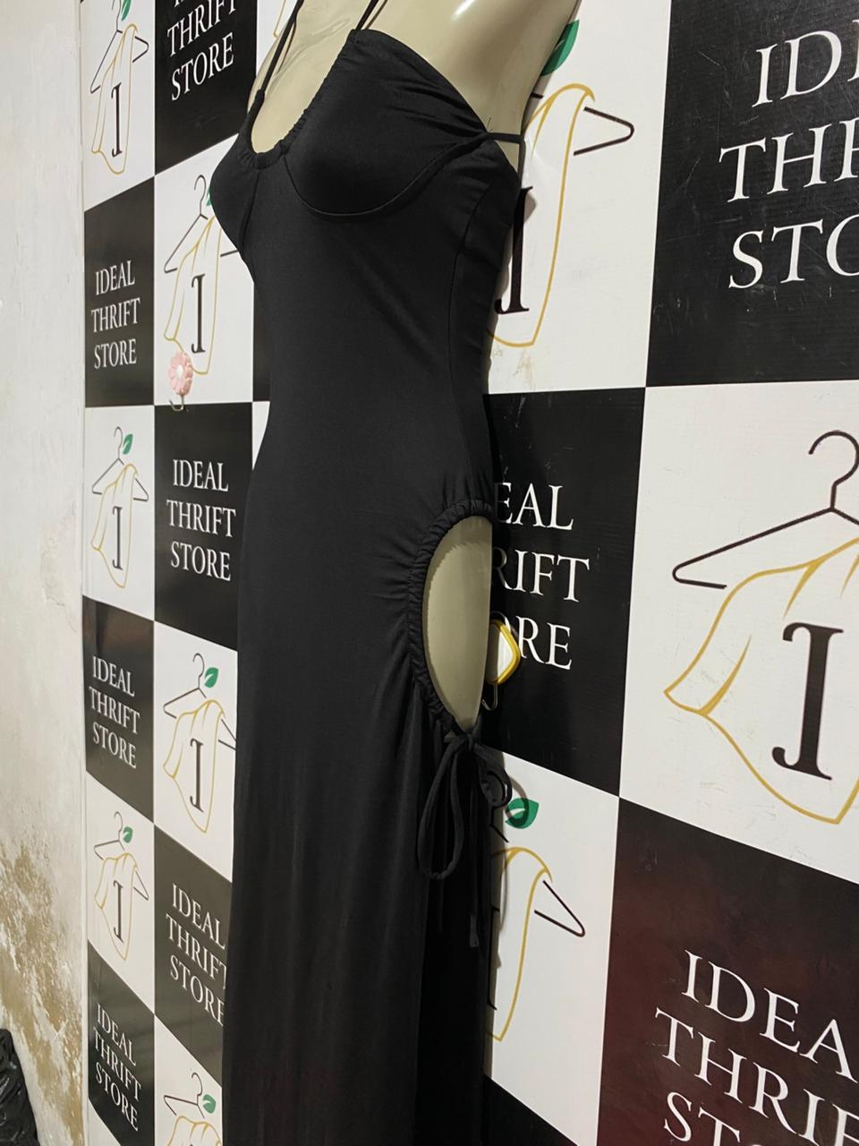 THATSSOFETECH |S| BUST 16| B43| BLACK HALTER BODYCON MAXI DRESS UNDERWIRE BUST SIDE RUFFLE DRAWSTRING GOWN