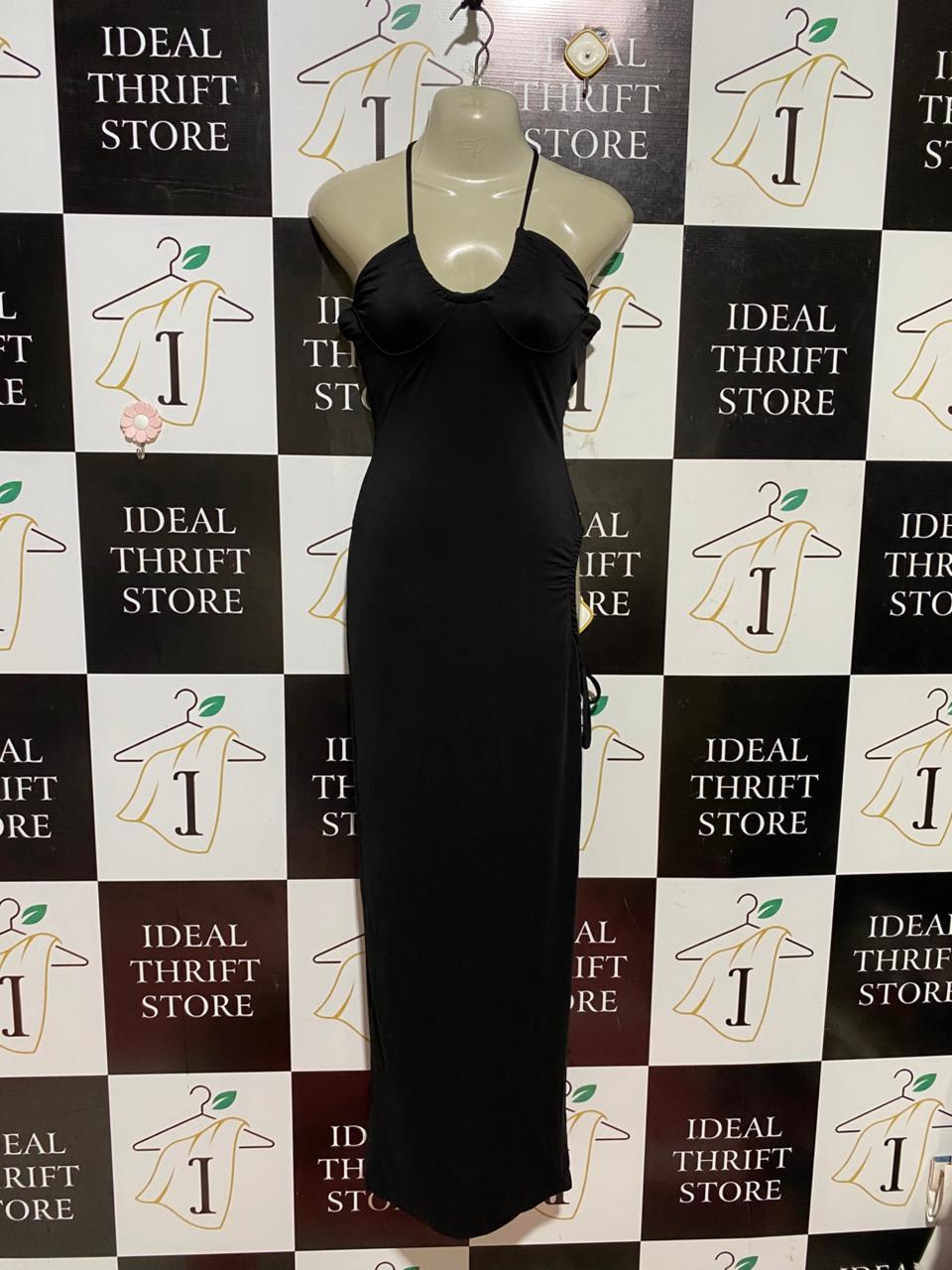 THATSSOFETECH |S| BUST 16| B43| BLACK HALTER BODYCON MAXI DRESS UNDERWIRE BUST SIDE RUFFLE DRAWSTRING GOWN